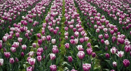 Fototapeta premium Full view of blooming tulip field with purple and white flowers on fresh green lawn