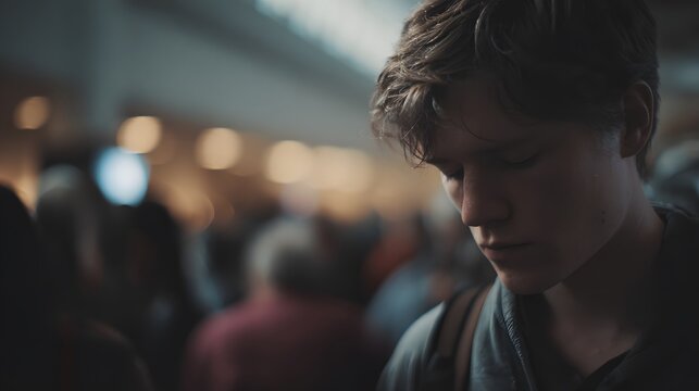 Peter scanning his surroundings nervously after denying, eyes shifting with unease, crowded environment softened into blur, diffused lighting with gentle contrast, medium close-up shot with a 70mm len