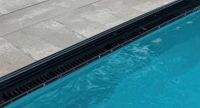 Modern black gutter aligned with swimming pool edge to handle drainage overflow