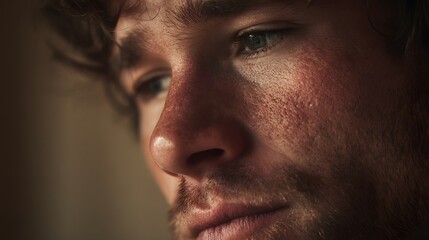 Fototapeta premium Peter reflecting on his own spoken promise now broken, subtle tension in his lips and eyes, simple background fading into softness, diffused lighting with warm undertones, close-up shot with a 85mm le