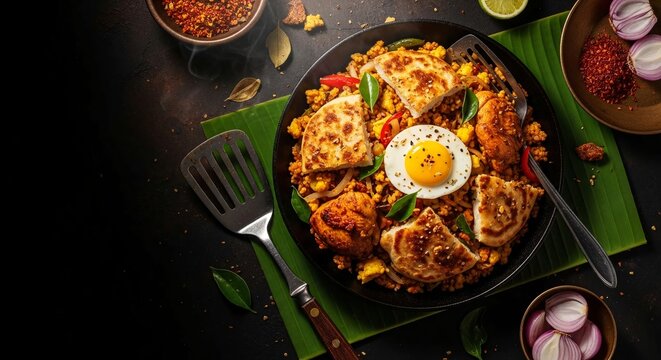Delicious Kottu Roti, Sri Lankan street food, served with chicken and egg.