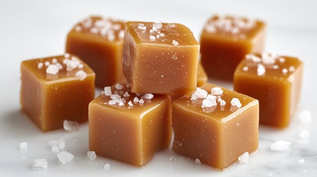 Caramels dor&eacute;s &agrave; la fleur de sel dispos&eacute;s sur fond blanc clair