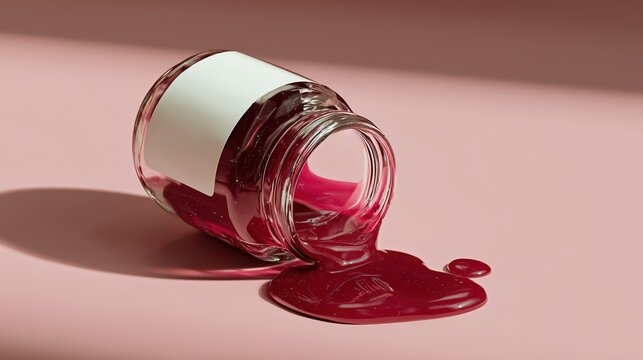 pot avec liquide rouge renvers&eacute; s'&eacute;coulant d'un flacon en verre