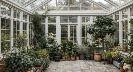 Naklejka premium Old house orangery revamped with Scandinavian winter indoor garden and varied houseplants
