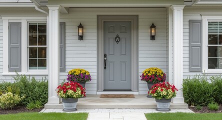 Naklejka premium Home front of a modern style house featuring a soft gray door and vibrant potted flowers