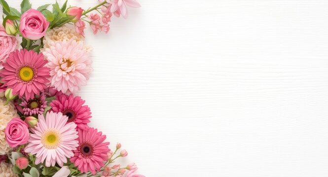 Fresh flowers arrangement over soft white grain background with copy space