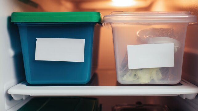 Deux bo&icirc;tes de rangement avec &eacute;tiquettes blanches dans un r&eacute;frig&eacute;rateur