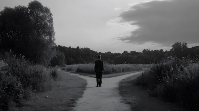 Peter deliberately choosing a different direction after denying, body angled away with hesitation, forked pathway environment, natural lighting with gentle gradients, wide shot with a 28mm lens, emoti