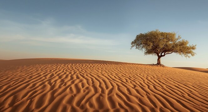 Single tamarisk tree on a gently rolling desert sand dune