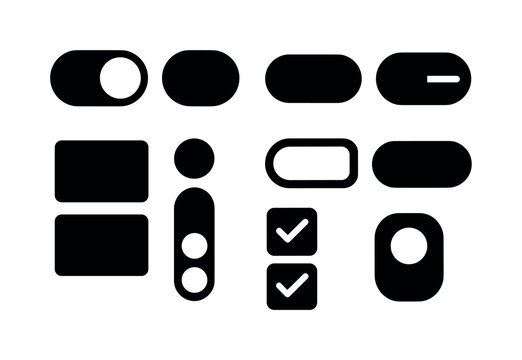 UI toggle variations: toggle on, toggle off, switch left, switch right, segmented control, radio group, checkbox group, option selector