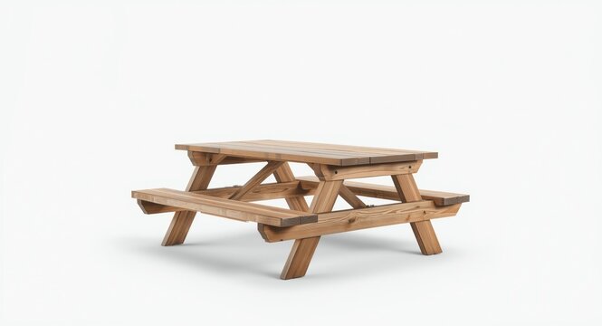 Old wood picnic table on white background representing outdoor summer dining