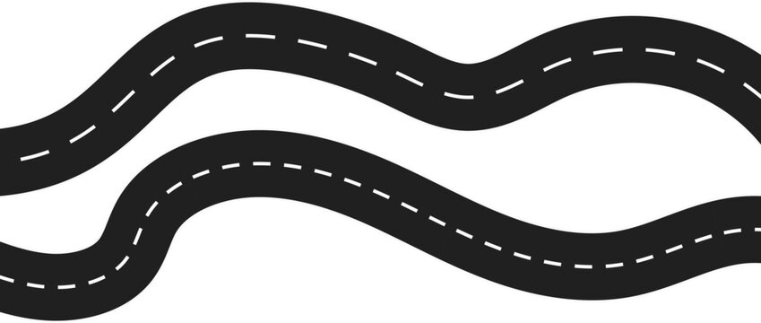 Winding asphalt road vector illustration, curved black highway with white dashed lines, overhead view of two parallel serpentine paths