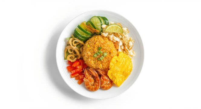 Khao Kluk Kapi Thai shrimp paste rice with omelette slices and customary vegetables arranged on white background