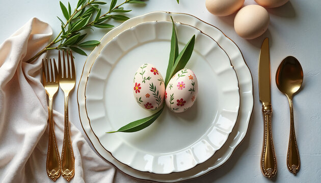 Decorative Easter eggs on elegant plate with greenery
