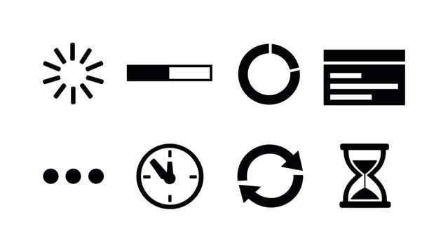 UI loading states: spinner loader, progress bar, circular progress, skeleton screen, buffering dots, loading clock, refresh arrow, waiting hourglass