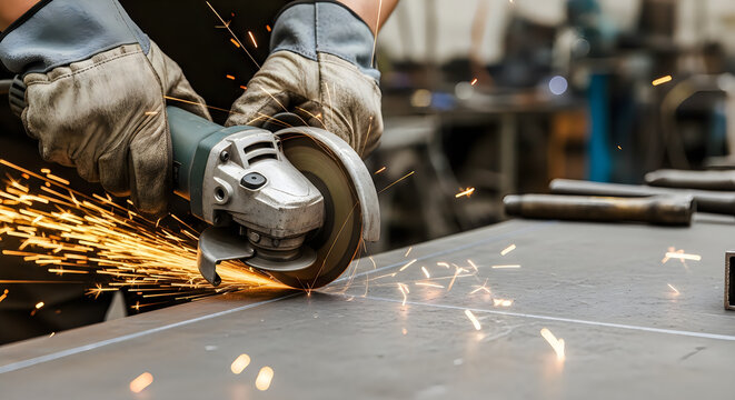 Welder cutting metal sheet with protective gear in an industrial workshop setting