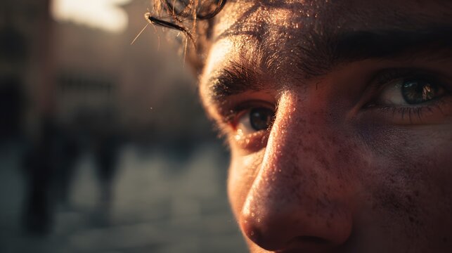 A man frozen in realization immediately after denying, eyes widening subtly, open courtyard with distant silhouettes, soft golden light beginning to emerge, medium close-up with a 70mm lens, spiritual