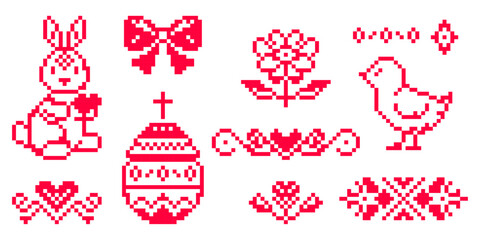Fototapeta na wymiar Easter pixel art icons set. Folk cross stitch style bunny, easter egg, flower, bird, red ribbon bow and ornament borders isolated Vector Illustration.