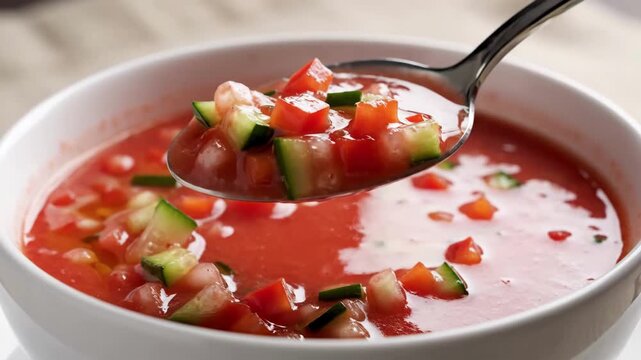 Fresh Cold Gazpacho With Spoon, Vibrant Tomato Broth Studded With Diced Cucumber And Bell Pepper, Glossy Surface In White Bowl, Spoon Lifting Colorful Mixture, Mediterranean Summer Vibe, Healthy Vegan
