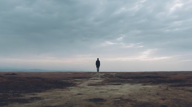 A lone figure standing apart after a moment of denial, head slightly lowered, sparse outdoor setting with minimal human presence, overcast sky casting soft ambient light, wide shot with a 28mm lens en