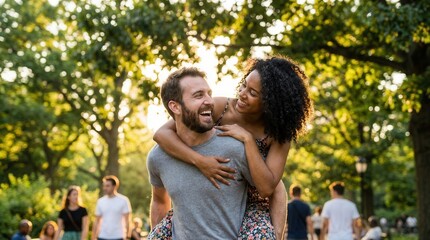 Fototapeta premium Happy man giving piggyback ride to a laughing woman, wearing a floral sundress. Golden sunlight glows through green trees in a park.