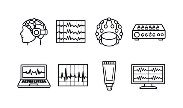 Electroencephalography monitoring: eeg headset, brain wave graph, electrode cap, signal amplifier, recording computer, neural spikes chart, conductive gel tube, monitoring screen