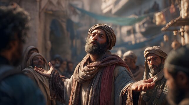 A distressed disciple mid-gesture of denial as others react around him, open marketplace fading into silence, muted natural light with gentle shadows, eye-level shot with a 35mm lens for immersive rea