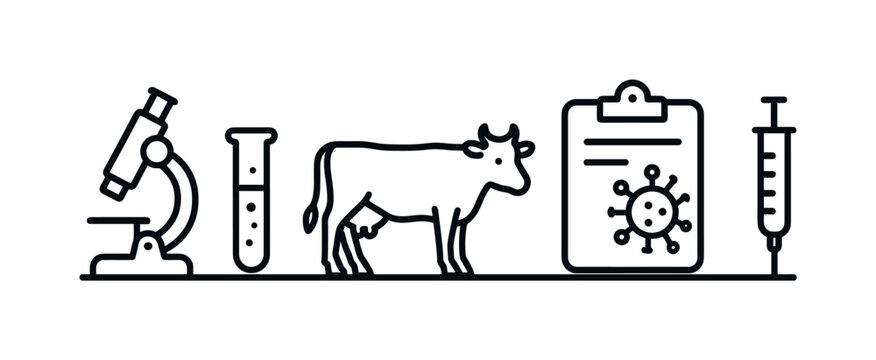 Veterinary laboratory testing and disease diagnostics for livestock health control and prevention in professional agricultural environments, microscope, test tube, virus symbol