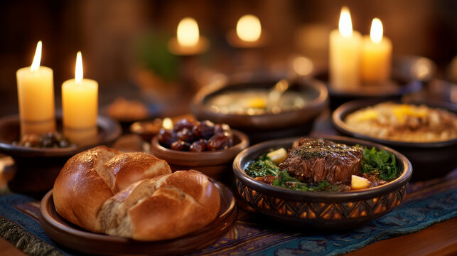 Candlelit Ramadan iftar meal spread across low table features traditional dishes, fresh bread, soup bowls, and dates arranged for family breaking fast together, warm intimate atmos