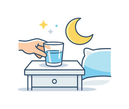 Setting a glass of water on a bedside table before sleep as part of an evening routine focused on comfort and small preparations for rest, a glass placed on a small table with a