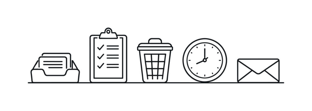 Inbox zero method and email cleanup routine for reducing clutter and maintaining clear communication flow in daily work, inbox tray, checklist sheet, trash bin, clock, and envelope