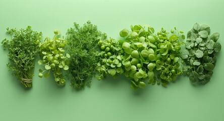 Obraz premium Arrangement of fresh alfalfa and snow pea microgreens on a bright gradient color background
