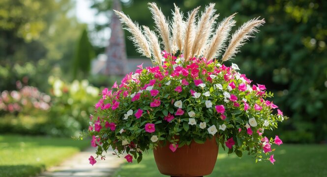 Richly colored container garden with mandevilla and feather grass variety