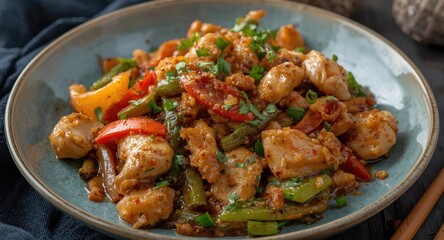Fototapeta premium Fresh and healthy chicken stir fry combining crisp vegetables and fragrant spices