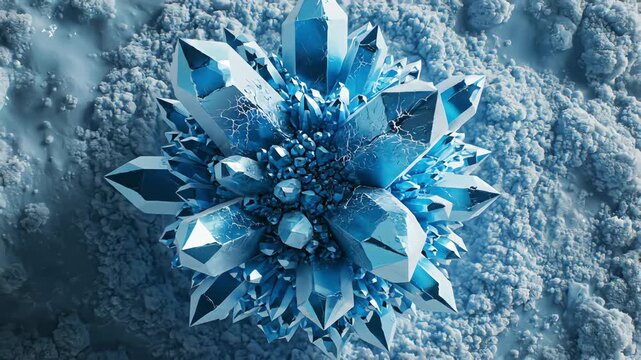 Abstract 3D animation of yellow spheres freezing into sharp blue ice crystals followed by a dramatic explosive shattering effect