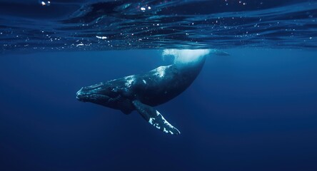 Naklejka premium Right whale surfacing in deep saltwater ocean