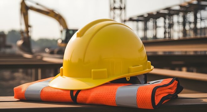 Construction safety gear: yellow hard hat and orange reflective vest on a building site with machinery in background with protective gear