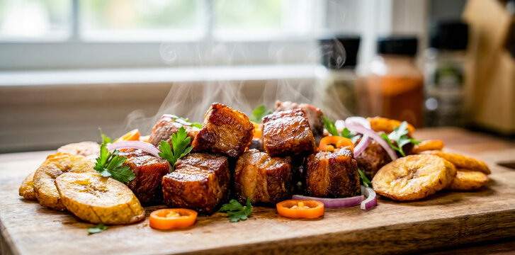Haitian griot featuring crispy fried pork chunks served with fried plantains and sliced red onions on a wooden board.
