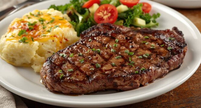 Juicy ribeye steak grilled to perfection with creamy gratin potatoes and crunchy salad with copy space