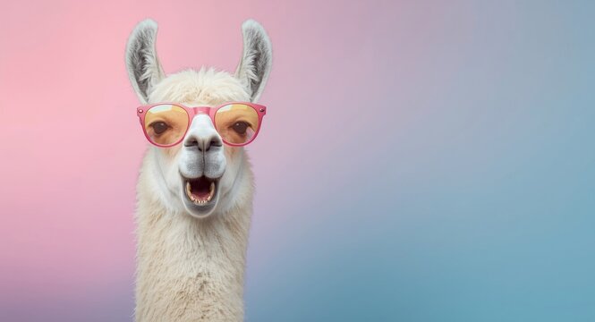 Joyful llama wearing colorful pink eyewear set against a gentle gradient blend of pink and blue with copy space