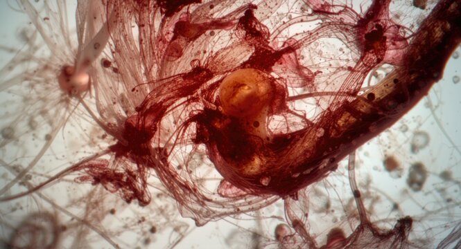 Detailed microscopic image showing tapeworm larval cyst and protoscolices release in fatal mammal disease with copy space