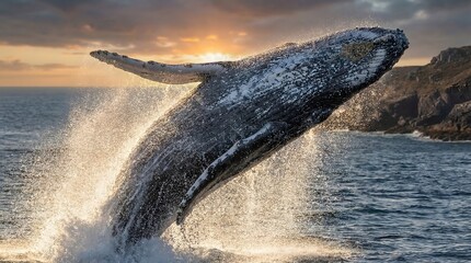 Naklejka premium Whale breaching out of ocean water