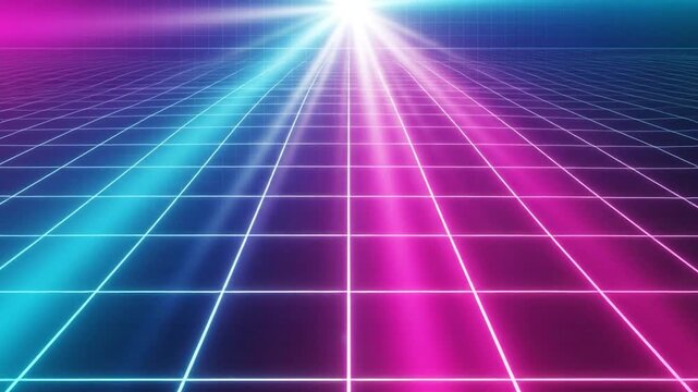 Neon grid background with light beams.