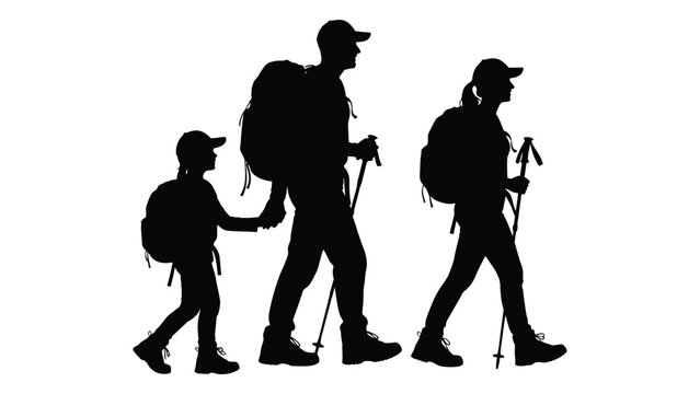 Family of hikers walking together on a trail
