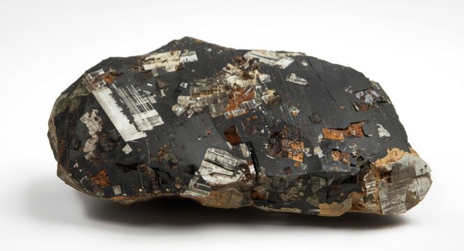 Macro shot of natural phlogopite stone sample displayed alone against white surface