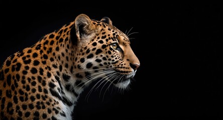 Naklejka premium North China leopard profile shot with smooth black studio background