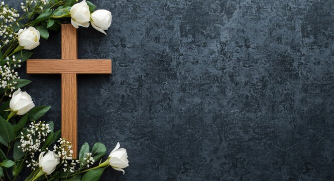 Graceful funeral card layout showcasing a wooden cross encircled by white flowers against a dark textured background with copy space