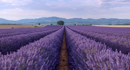 Fototapeta premium Bright lavender field stretching toward a range of subdued hills