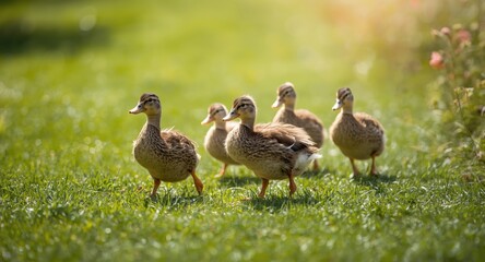 Obraz premium Playful pet ducks moving across a verdant grass lawn in bright summer sunshine full length view