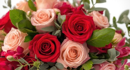Naklejka premium Closeup of a vibrant floral bouquet with red and pastel roses and fresh green leaves on a white background